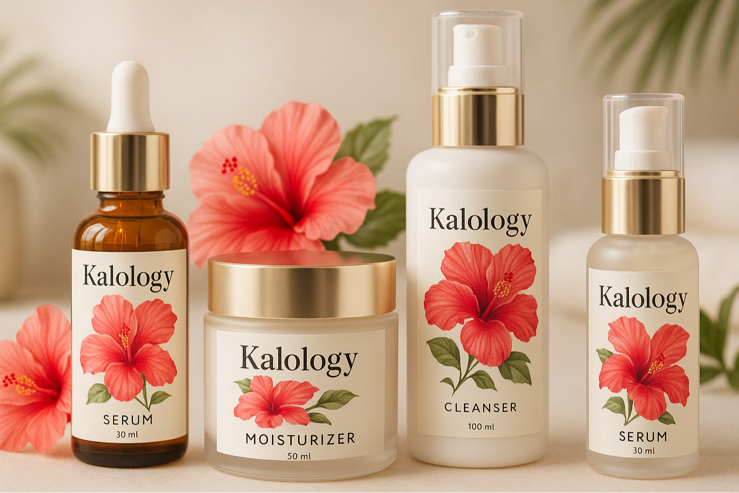 kalology skincare line with the image of hibisicus flower image on labels 